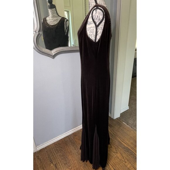 Dressbarn Collection Velvet Dress 14 Brown Beaded Long Maxi Formal Party Luxury - Picture 6 of 16